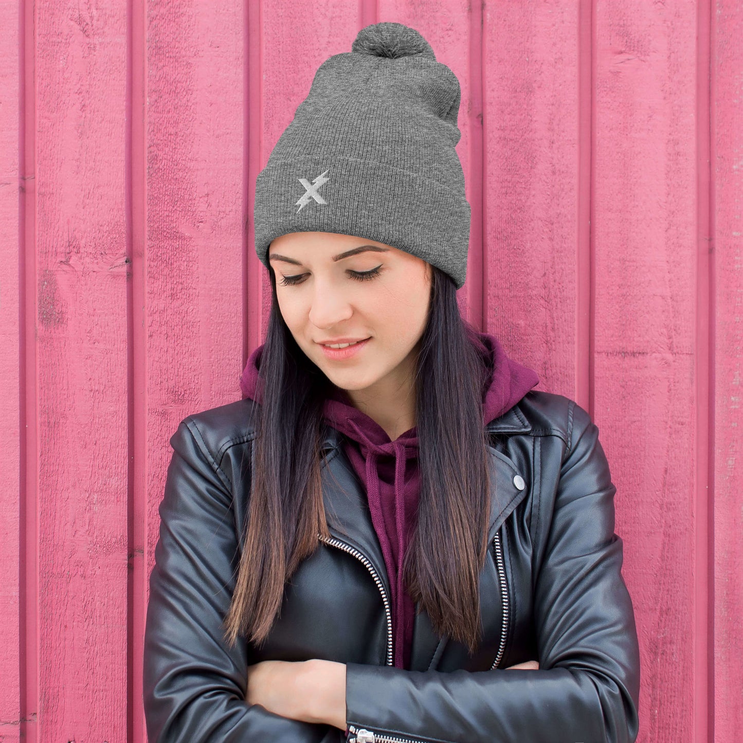 X Embroidered - Pom-Pom Beanie